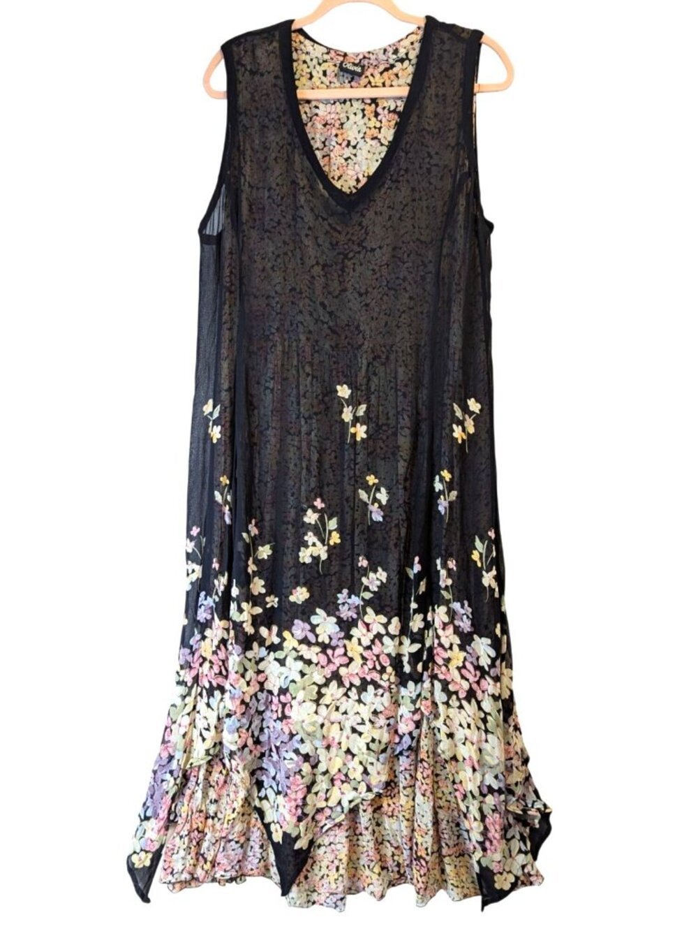 Vintage Olivia M Black Floral Maxi Dress Rayon Flowy Romantic Sheer Overlay Line